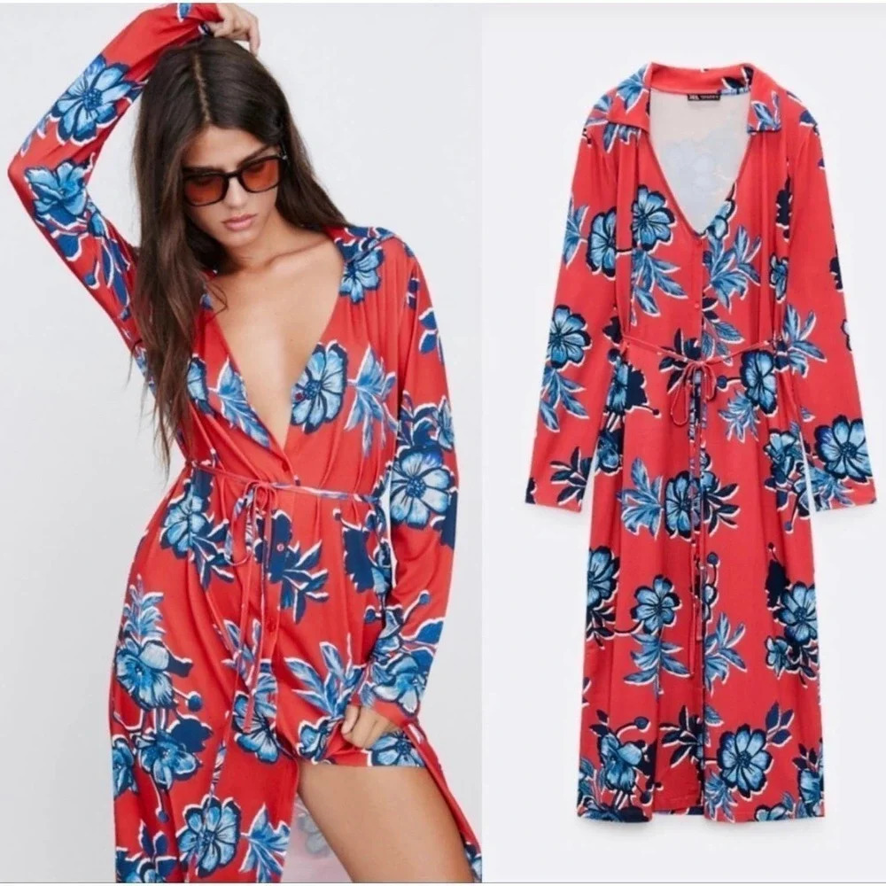 NWT Zara Women's Small Blue Floral Button Front Tie Long Sleeve Red Midi Dress
